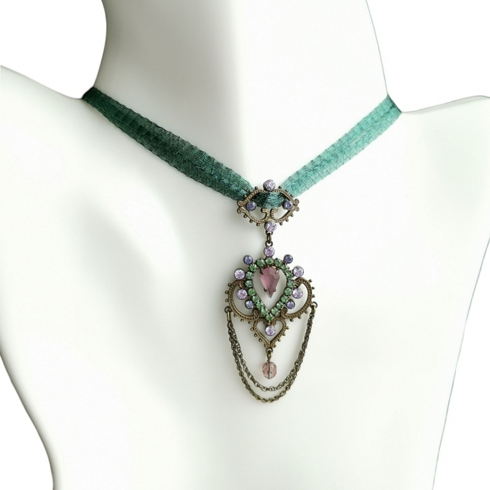 Vintage 90s Czech Crystal Silver Choker Lavalier Necklace